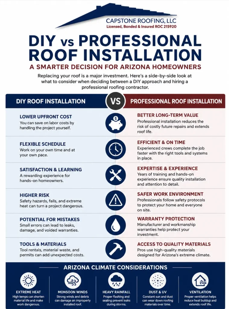 DIY VS Professional Roof Installation DIY vs professional roof installation infographic comparing costs, safety, warranties, long-term value, and Arizona climate considerations for homeowners