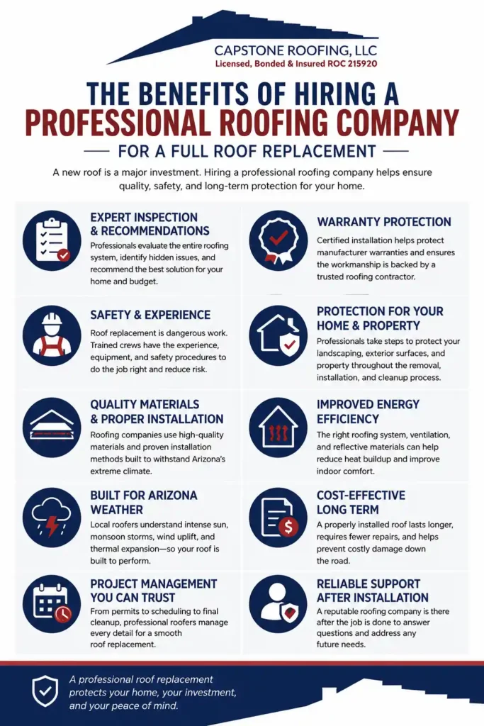Benefits Of Hiring A Professional Roofing Company For A Full Roof Replacement Infographic explaining the benefits of hiring a professional roofing company for a full roof replacement, including expert inspections, warranty protection, safe installation, quality materials, energy efficiency, property protection, and Arizona weather readiness.