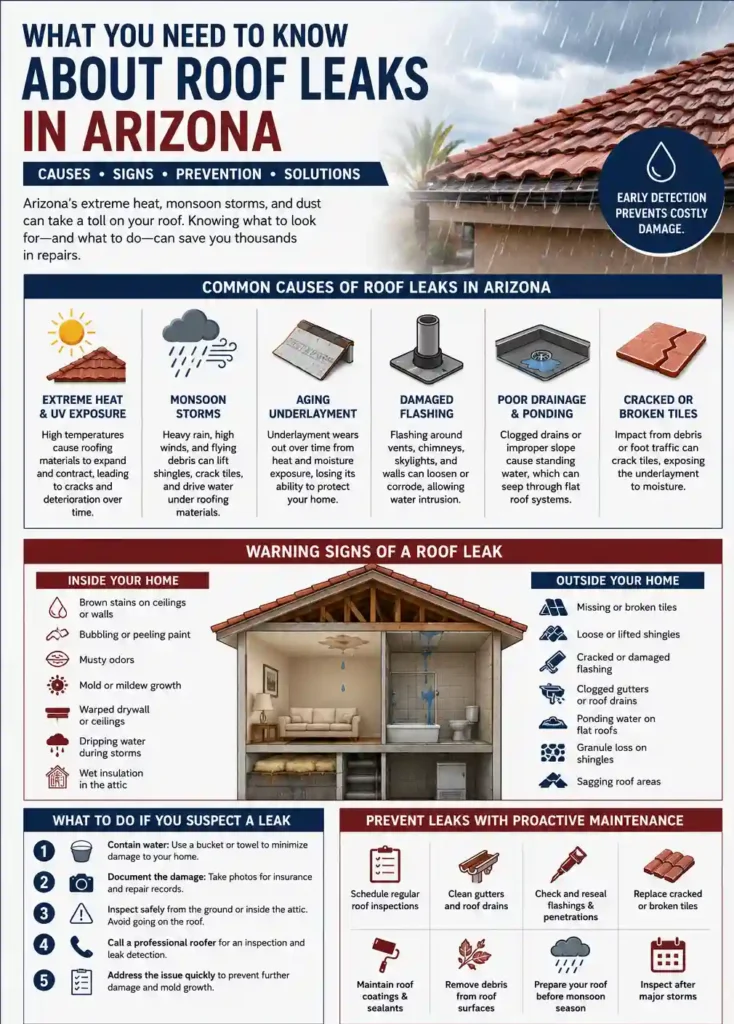 Infographic explaining common causes, warning signs, prevention tips, and solutions for roof leaks in Arizona homes during extreme heat and monsoon season.