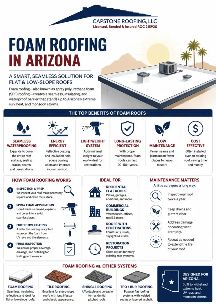 Infographic explaining foam roofing benefits, installation steps, ideal roof types, maintenance tips, and comparisons for Arizona flat and low-slope roofs.