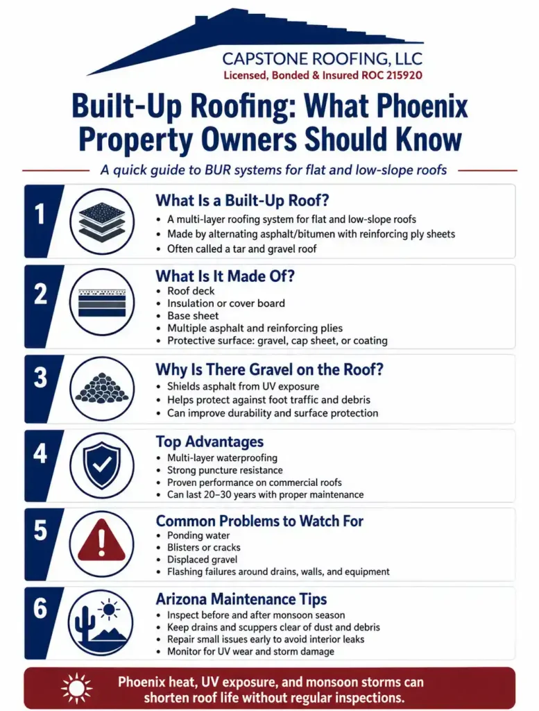 Built-up roofing infographic explaining BUR layers, gravel protection, advantages, common problems, and Arizona maintenance tips