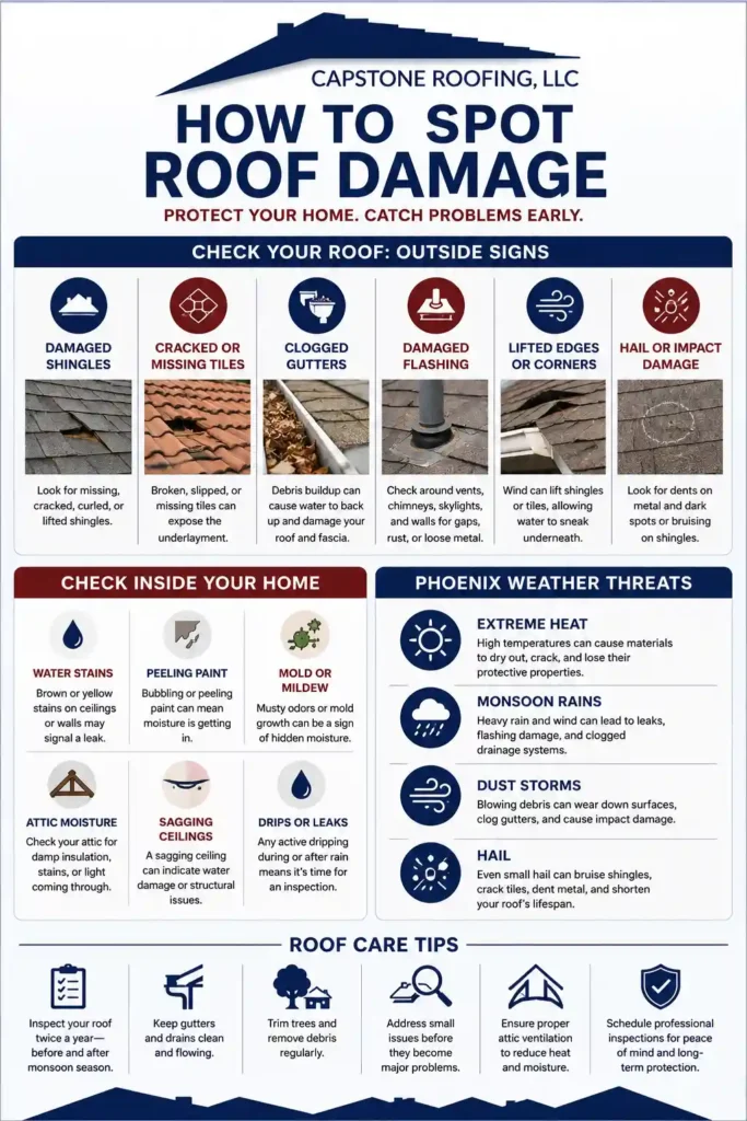 How To Spot Roof Damage Infographic showing how Phoenix homeowners can spot roof damage, including damaged shingles, cracked tiles, clogged gutters, flashing issues, interior leak signs, and weather-related roof threats.