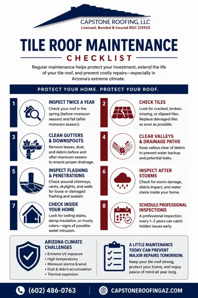 Tile roof maintenance checklist showing inspections, gutter cleaning, flashing checks, storm damage inspections, and seasonal roof care tips for Arizona homeowners.
