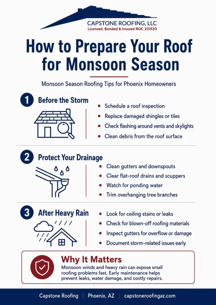 Infographic showing how Phoenix homeowners can prepare their roof for monsoon season by inspecting roofing materials, clearing drainage systems, and checking for storm damage.