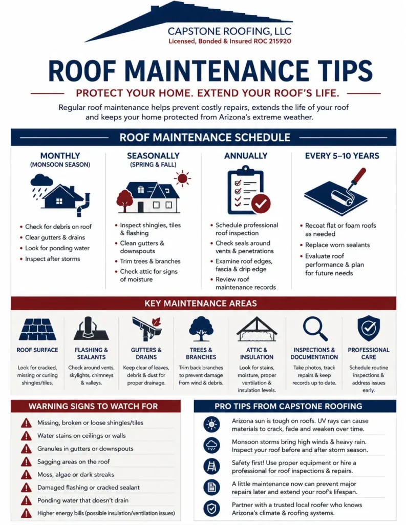Roof maintenance tips infographic for Arizona homeowners showing monthly, seasonal, annual, and long-term roof maintenance tasks