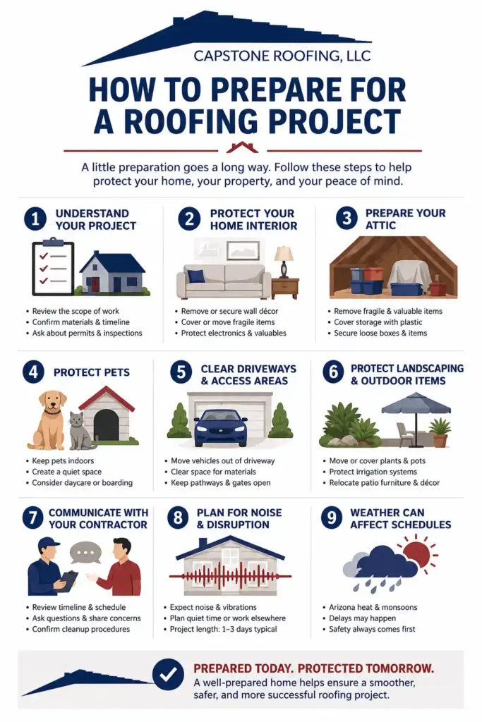 How to Prepare for a Roofing Project How to Prepare for a Roofing Project infographic showing nine homeowner preparation steps including project planning, attic preparation, protecting pets, moving vehicles, safeguarding landscaping, communicating with contractors, and preparing for Arizona weather during a roof replacement.