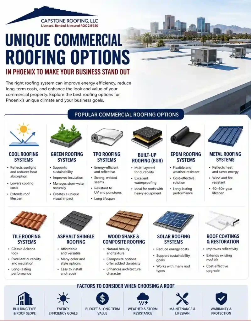 Unique Commercial Roofing Options in Phoenix to Make Your Business Stand Out Infographic showing commercial roofing options in Phoenix including cool roofing, green roofing, TPO, EPDM, built-up roofing, metal roofing, tile roofing, asphalt shingles, solar roofing, and roof coatings for Arizona commercial buildings.
