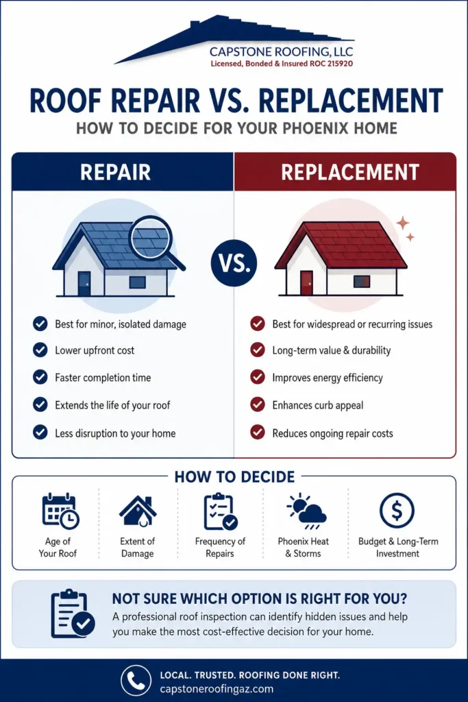 Infographic comparing roof repair vs roof replacement for Phoenix homes, including costs, damage signs, roof age factors, and replacement benefits.