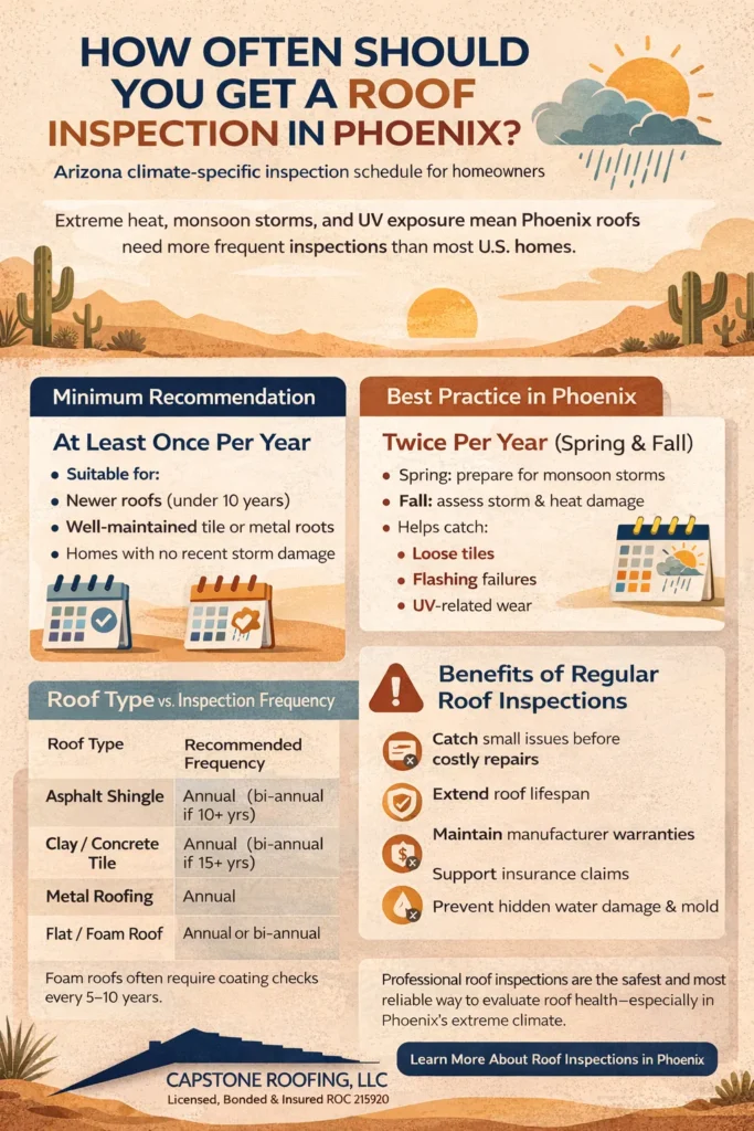 Capstone Roofing recommends at least one inspection a year, or two a year if rain damage has occurred.