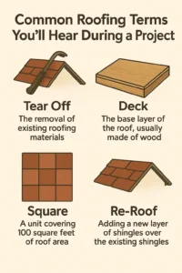 Common roofing during you'll hear during a project: tear off, deck, square tiling, and re-roofing