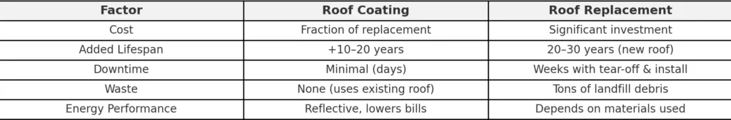 A comparison table that companies roof coating details to roof replacement details