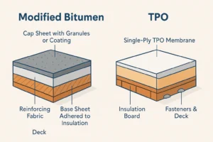 Cross section diagram comparing modified bitumen roof layers vs TPO roof layers
