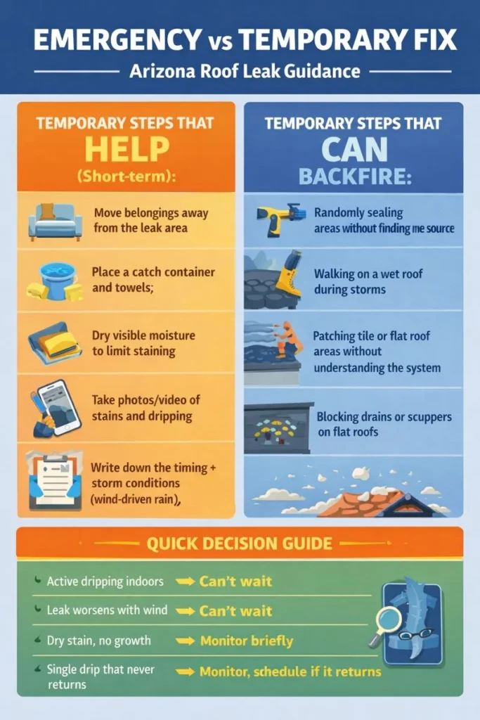 Is This a Roof Emergency in Arizona? Infographic explaining emergency roof damage vs temporary steps in Arizona, including safe short-term actions, actions to avoid, and a quick decision guide for common leak scenarios.