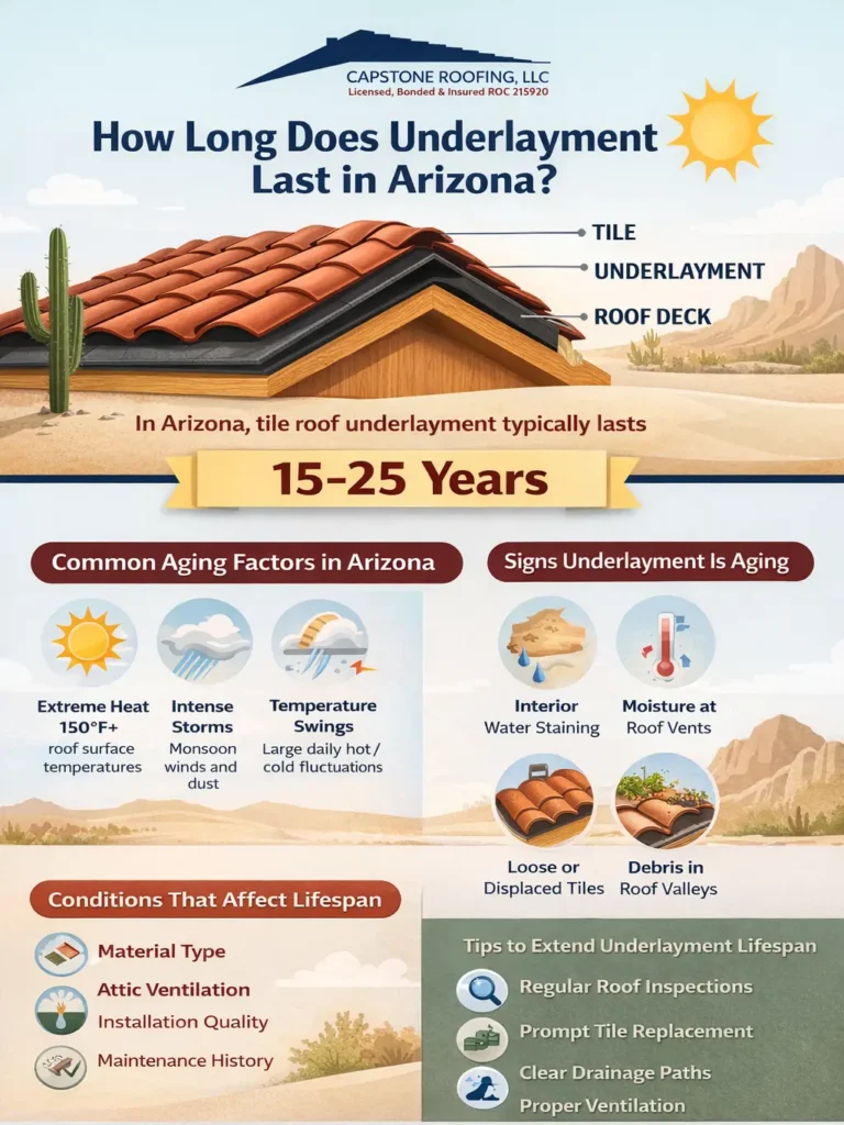 Infographic showing tile roof underlayment lifespan in Arizona, typically 15–25 years, with factors like heat, storms, ventilation, and signs of aging.