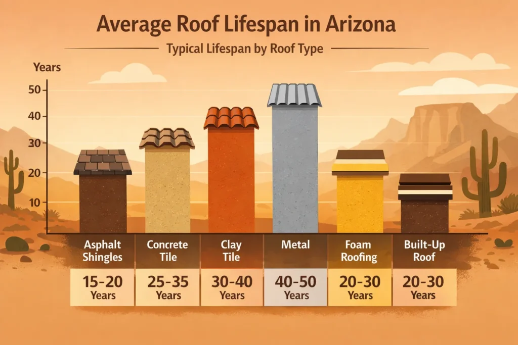 average lifespan of roofing materials in Arizona including tile, shingles, and metal roofs