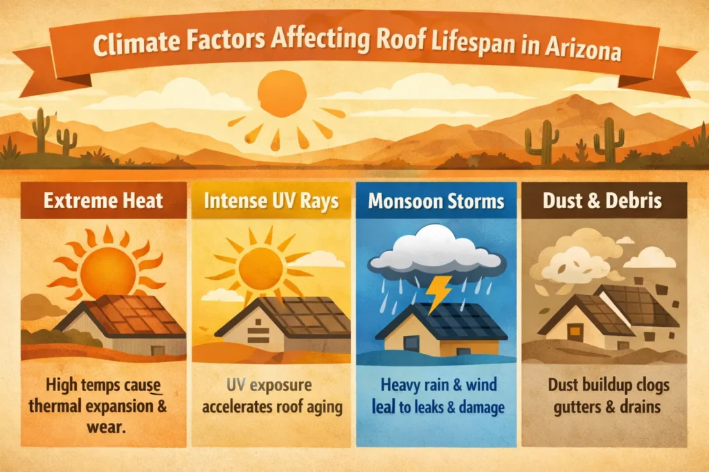 heat UV radiation monsoon storms and dust affecting roof lifespan in Arizona