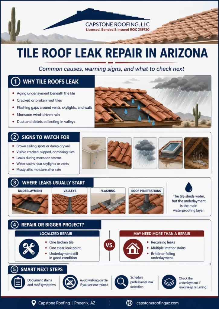 Infographic explaining tile roof leak repair in Arizona, including common causes, warning signs, leak-prone areas, repair vs underlayment issues, and next steps for homeowners.