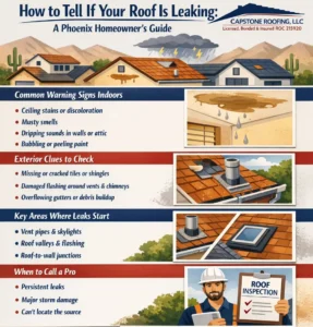 How Can I Find Out if My Roof Is Leaking? Infographic showing how to find a roof leak in Phoenix homes, including indoor warning signs like ceiling stains, exterior damage such as broken tiles and flashing, common leak areas, safe inspection tips, and when to call a roofing professional.