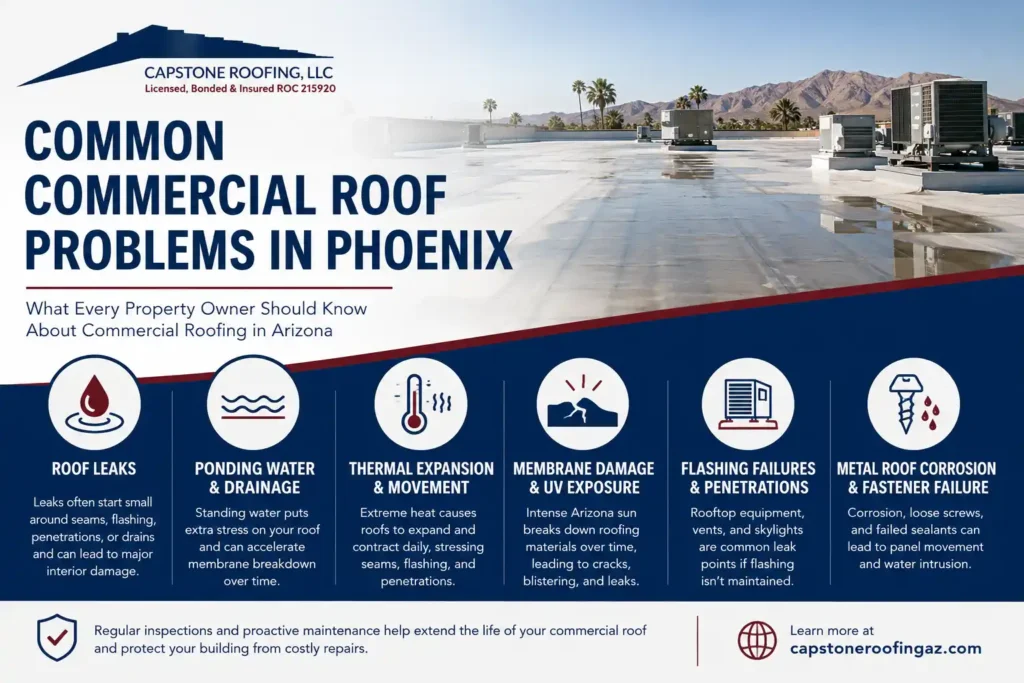 Infographic showing common commercial roof problems in Phoenix including roof leaks, ponding water, thermal expansion, membrane damage, flashing failures, and metal roof corrosion.