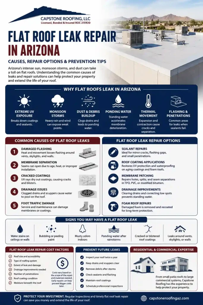 Infographic explaining flat roof leak repair in Arizona, including ponding water, UV damage, flashing separation, drainage problems, repair options, leak warning signs, and prevention tips for residential and commercial flat roofs.