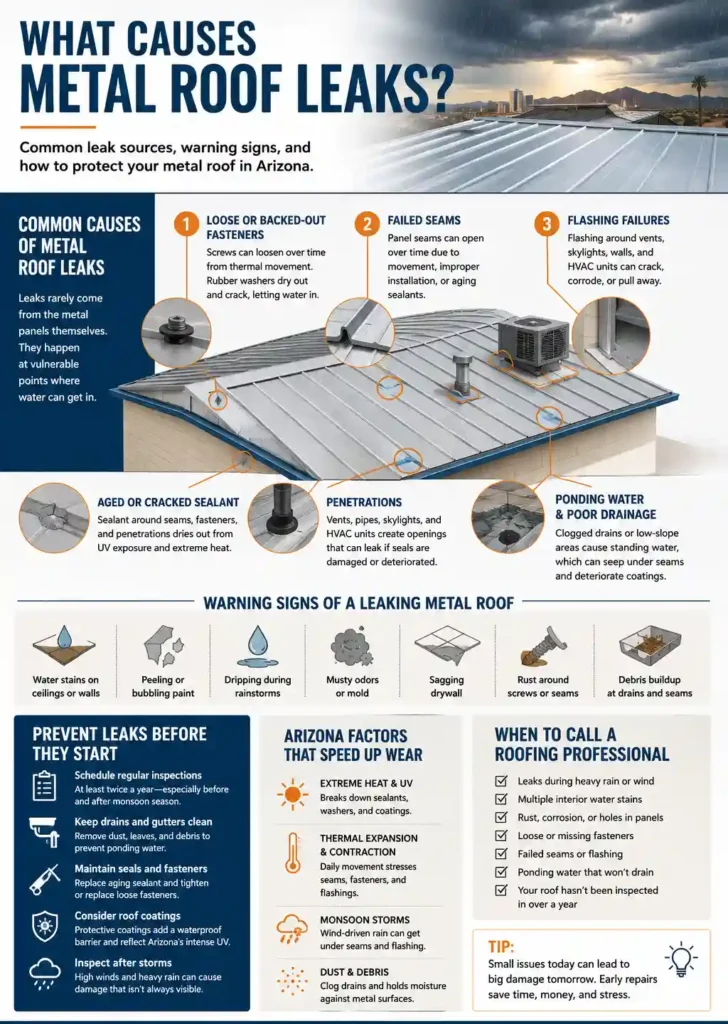 Infographic explaining common causes of metal roof leaks in Arizona, including loose fasteners, failed seams, flashing problems, cracked sealants, ponding water, and monsoon storm damage.