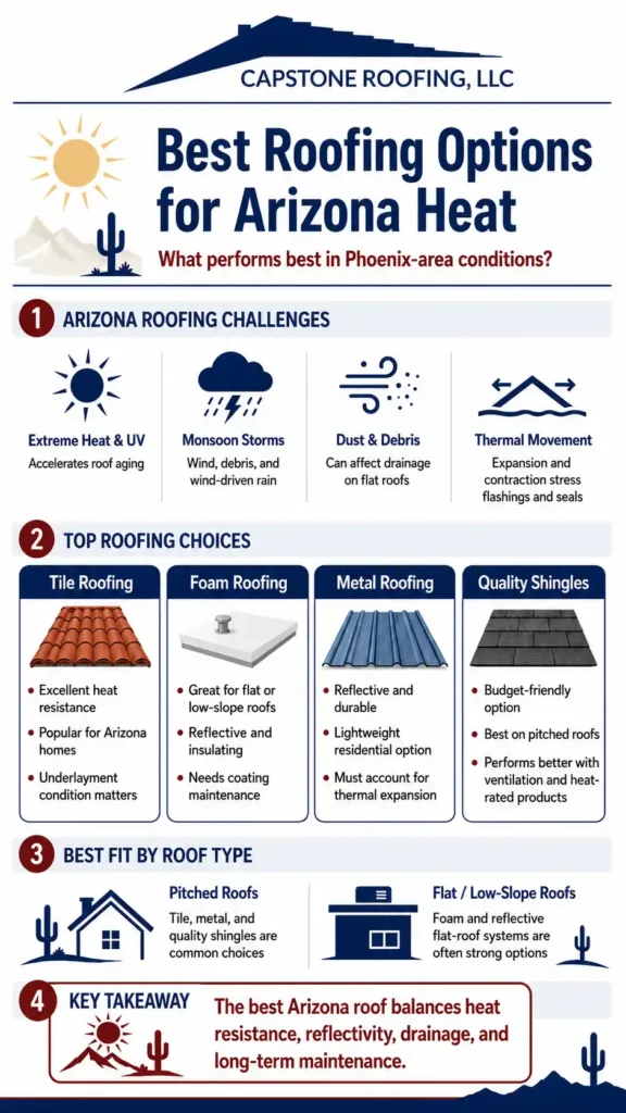 Infographic comparing the best roofing options for Arizona heat, including tile roofing, foam roofing, metal roofing, and quality shingles for Phoenix-area homes.
