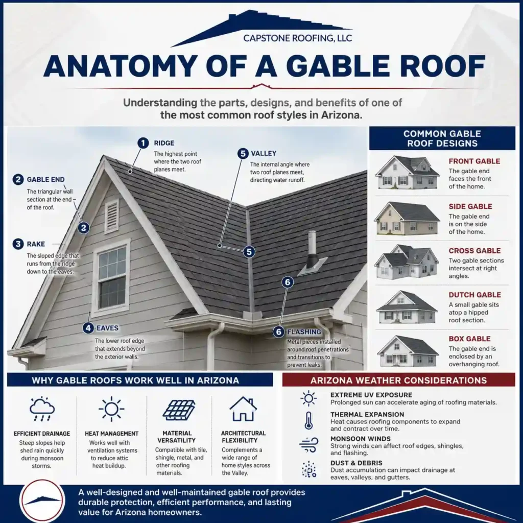 What Is a Gable Roof? Parts, Designs, Benefits, and Arizona Considerations Infographic showing the anatomy of a gable roof, including the ridge, gable end, rake, eaves, valley, and flashing, along with common gable roof designs and Arizona-specific considerations such as UV exposure, thermal expansion, monsoon winds, and drainage performance.