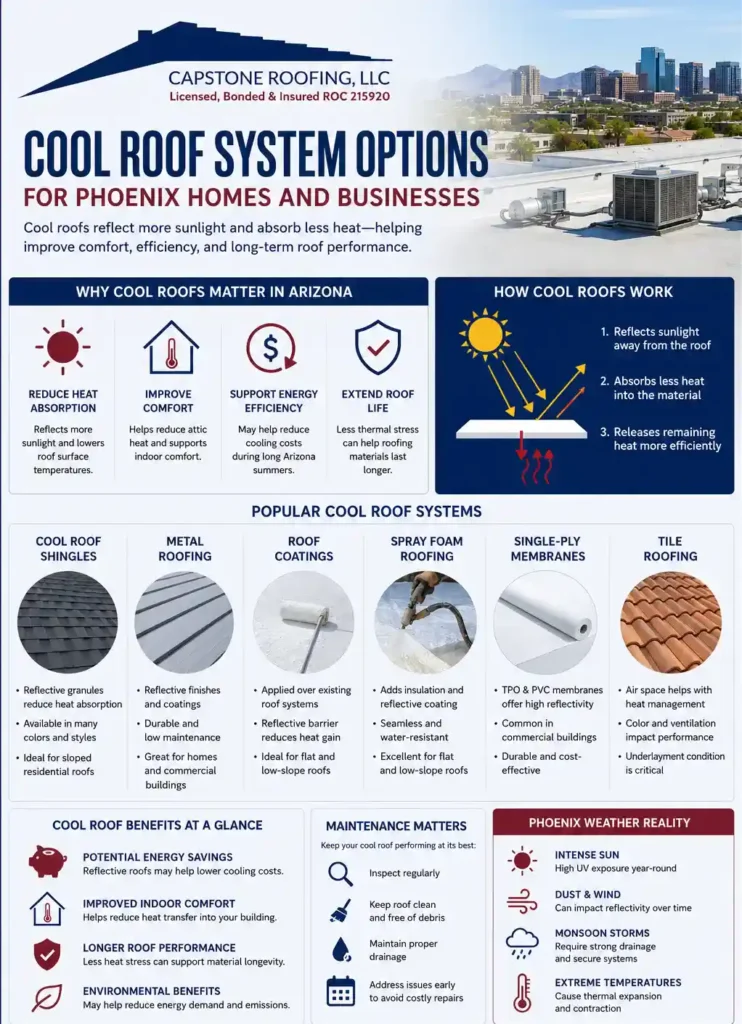 Cool roof system options for Phoenix homes and businesses showing cool roof shingles, metal roofing, roof coatings, spray foam roofing, single-ply membranes, and tile roofing with Arizona heat and energy-efficiency benefits.