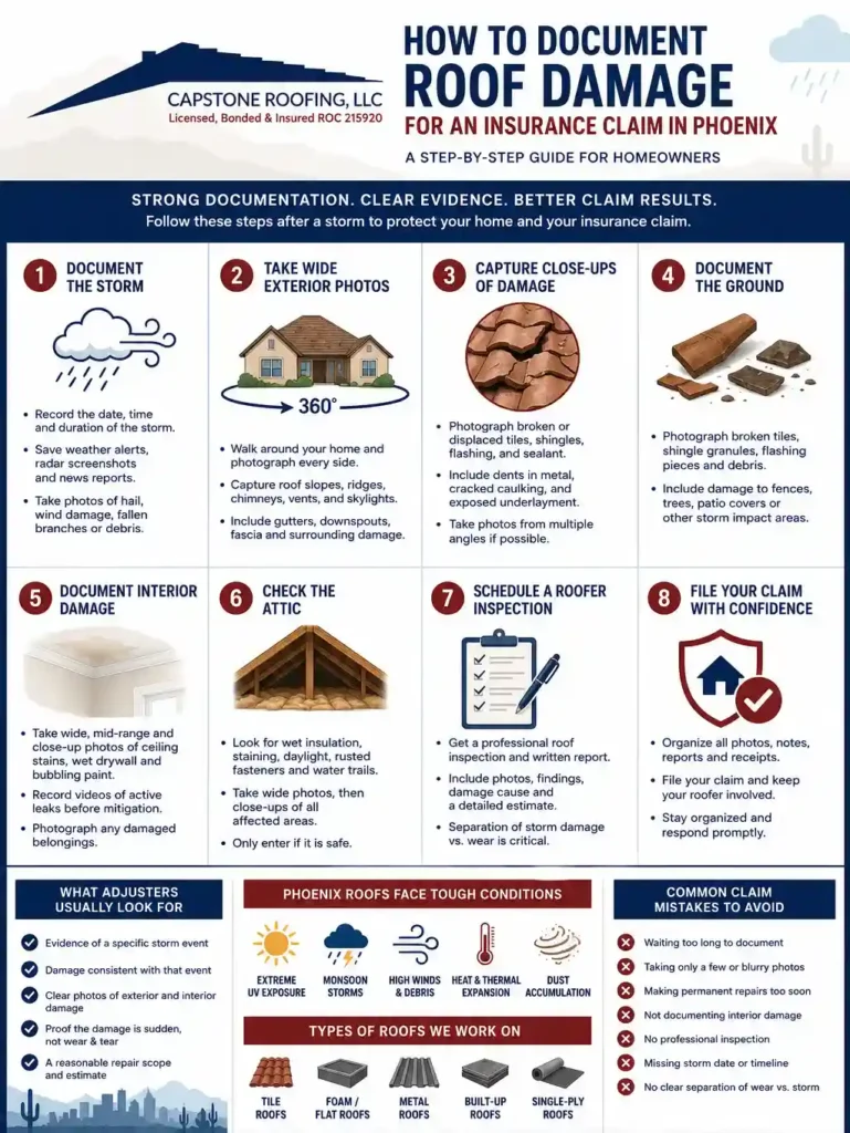 Infographic showing Phoenix homeowners how to document roof damage for an insurance claim after a storm